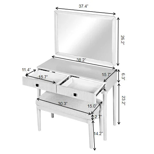 Vanity Desk With Large Mirror And Upholstered Stool White - Furniture Home Direct