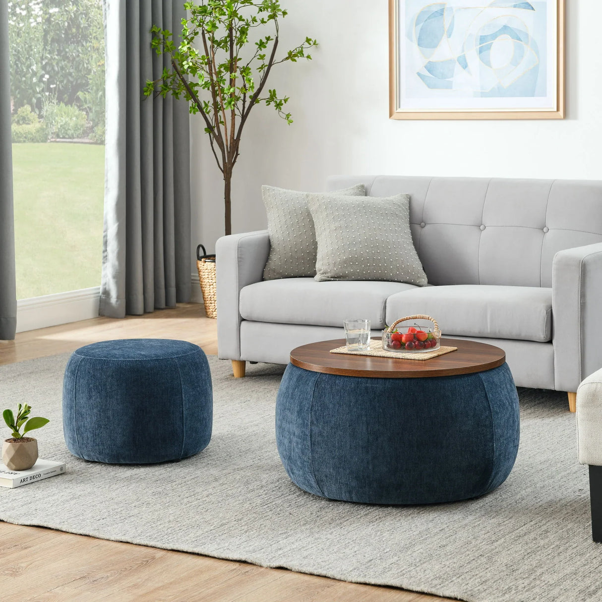Round Storage Ottoman, 2 In 1 Function, End Table And Ottoman - Furniture Home Direct