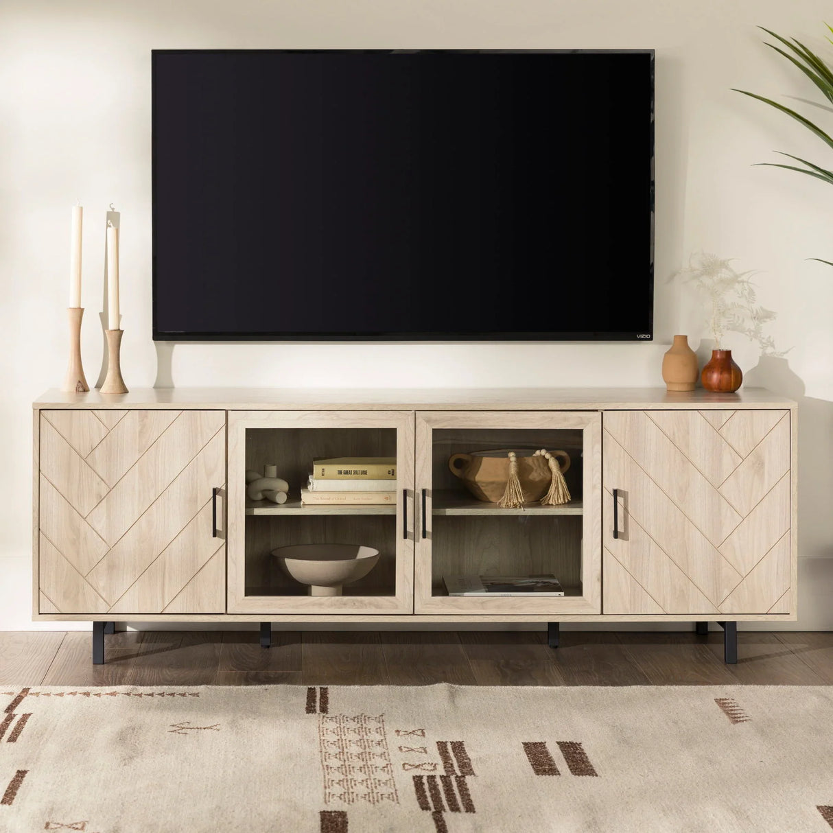 Modern Scandinavian 4 Door Herringbone 70" TV Stand For TVs Up To 80" - Furniture Home Direct