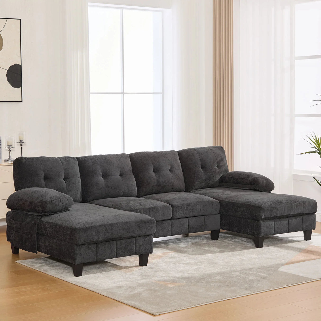 U-Shaped Sectional Sofa 103.5" Black Chenille Fabric Couch With Dual Chaise Lounges, Storage Pockets, Armrest Pillows - Furniture Home Direct