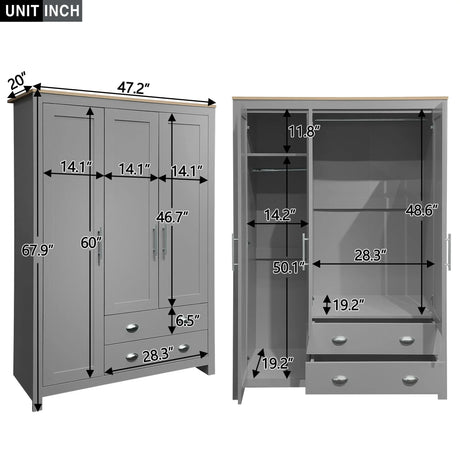 3 Door Storage Wardrobe With Cabinets And 2 Hanging Rods - Gray - Furniture Home Direct