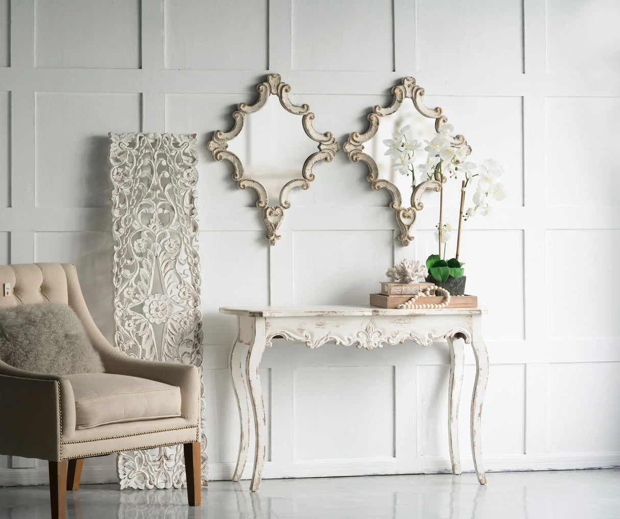 Artistic Diamond Scrollwork Mirror, Home Accent Mirror For Living Room, Entryway, Bedroom, Office - Antique White - Furniture Home Direct