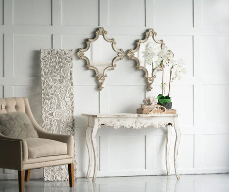 Artistic Diamond Scrollwork Mirror, Home Accent Mirror For Living Room, Entryway, Bedroom, Office - Antique White - Furniture Home Direct