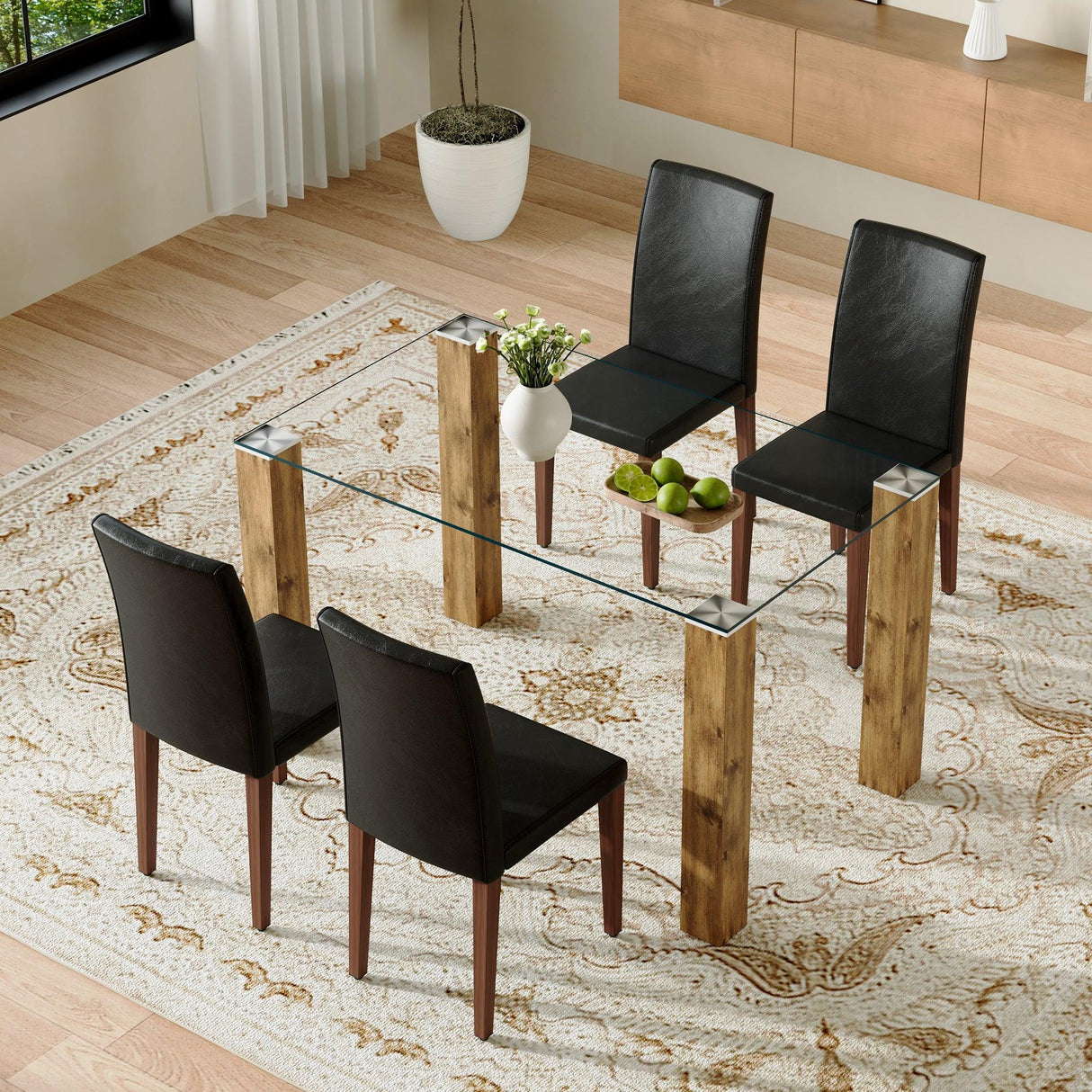 Dining Set Glass Top Table With PU Leather Chairs Black - Furniture Home Direct