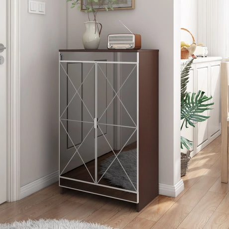 Elegant Decor Mirrored Shoe Cabinet With Edging Double Door Storage Cabinets Glass - Brown / Silver / Gray - Furniture Home Direct