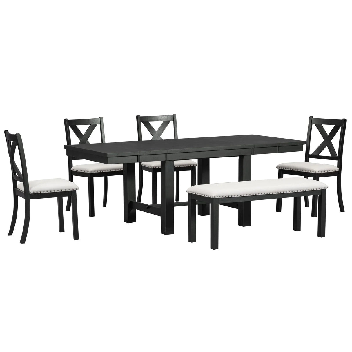 Topmax - 6 Piece Farmhouse Extendable Dining Table With Footrest, 4 Upholstered Dining Chairs And Dining Bench, Two 11" Removable Leaf - Furniture Home Direct