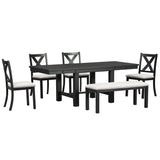 Topmax - 6 Piece Farmhouse Extendable Dining Table With Footrest, 4 Upholstered Dining Chairs And Dining Bench, Two 11" Removable Leaf - Furniture Home Direct
