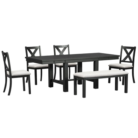 Topmax - 6 Piece Farmhouse Extendable Dining Table With Footrest, 4 Upholstered Dining Chairs And Dining Bench, Two 11" Removable Leaf - Furniture Home Direct