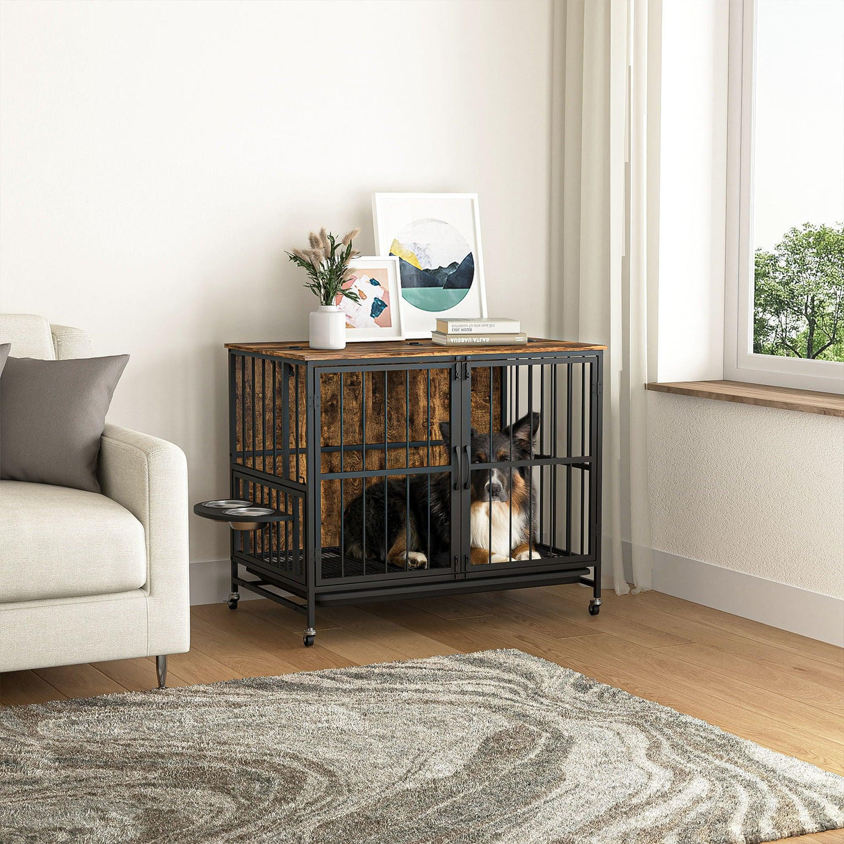 Modern Kennel Dogs Room Up To 80 Lb, Dog Crate Furniture With Multi-Purpose Rremovable Ttray, Double-Door Dog House, Lift Panel, 360 Degree Rotation, 3 Height Adjustable Feeding Bowls - Furniture Home Direct