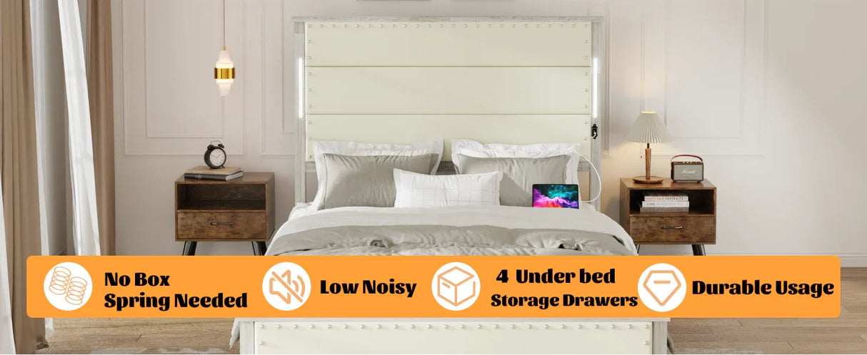 Queen Bed With Upholstered Headboard And Wood Frame Beige - Furniture Home Direct