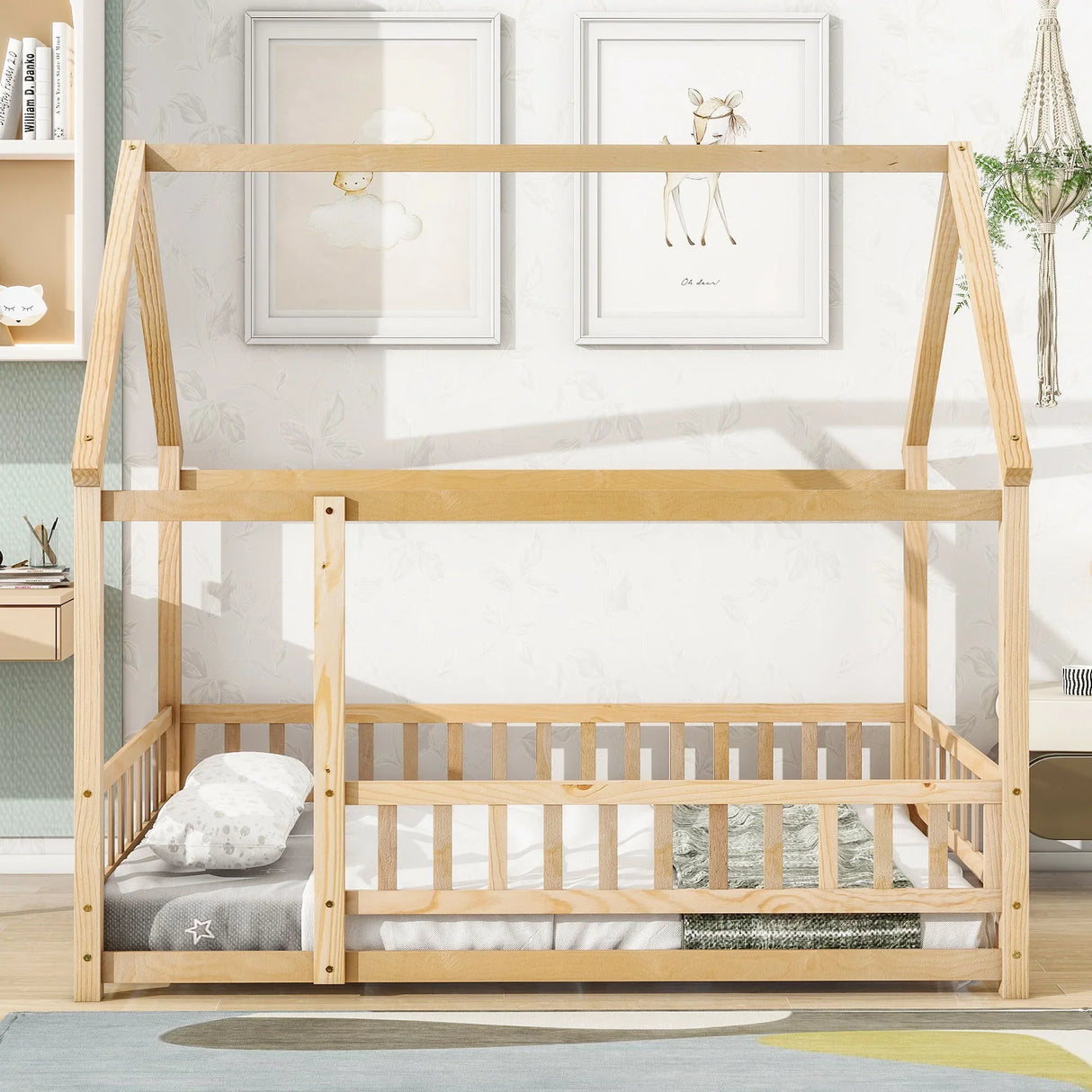 Floor Wooden Bed With House Roof Frame, Fence Guardrails - Furniture Home Direct