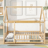 Floor Wooden Bed With House Roof Frame, Fence Guardrails - Furniture Home Direct
