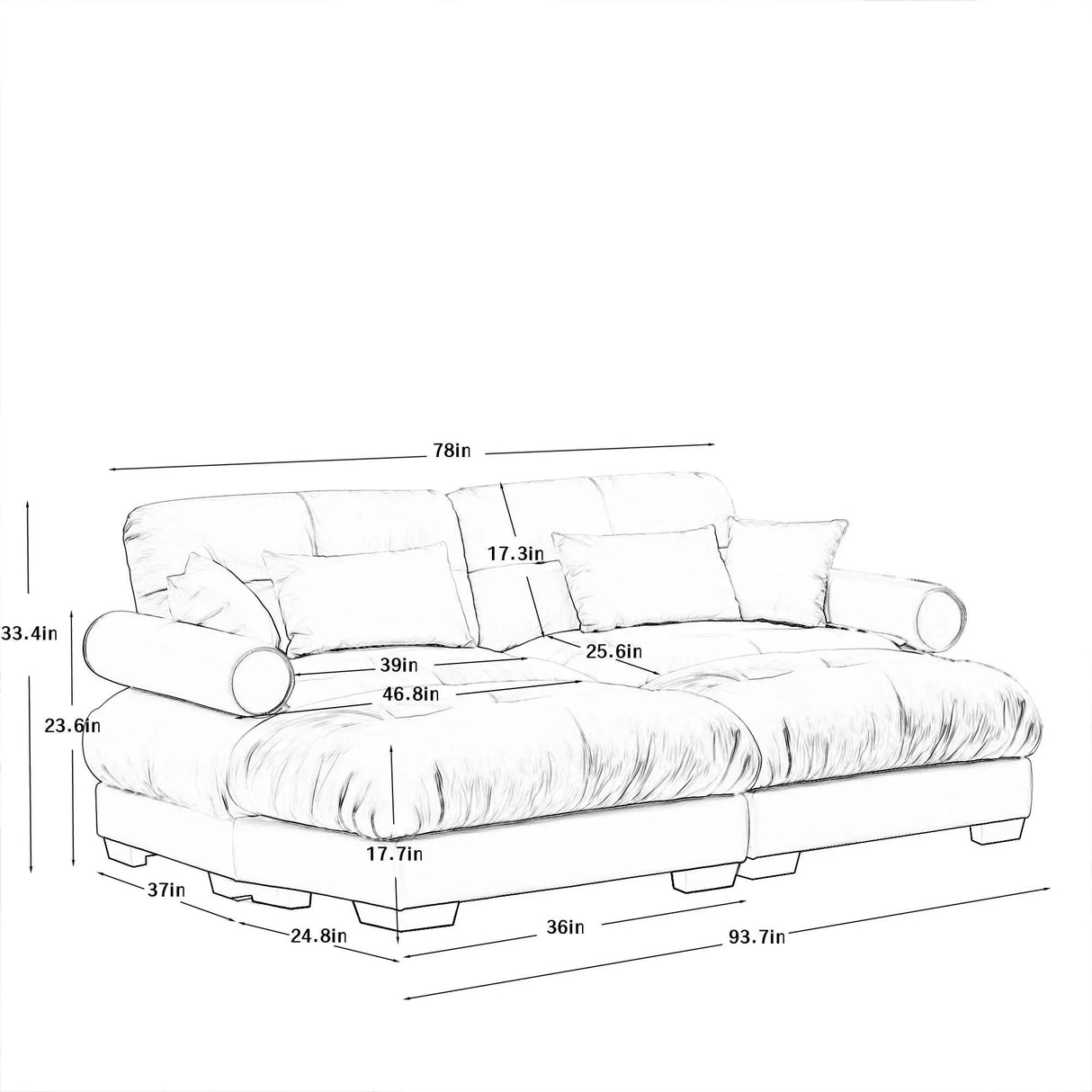 Modern Sectional Sofa With Ottoman, Round Bolster Armrests, Waist And Throw Pillows - Furniture Home Direct