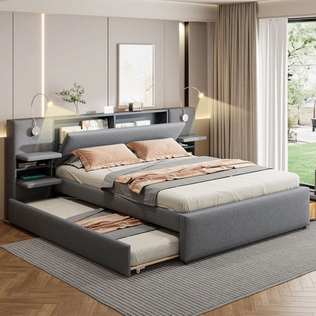 Upholstered Platform Bed With Reading Lights, Drawers, Trundle And Shelves - Furniture Home Direct