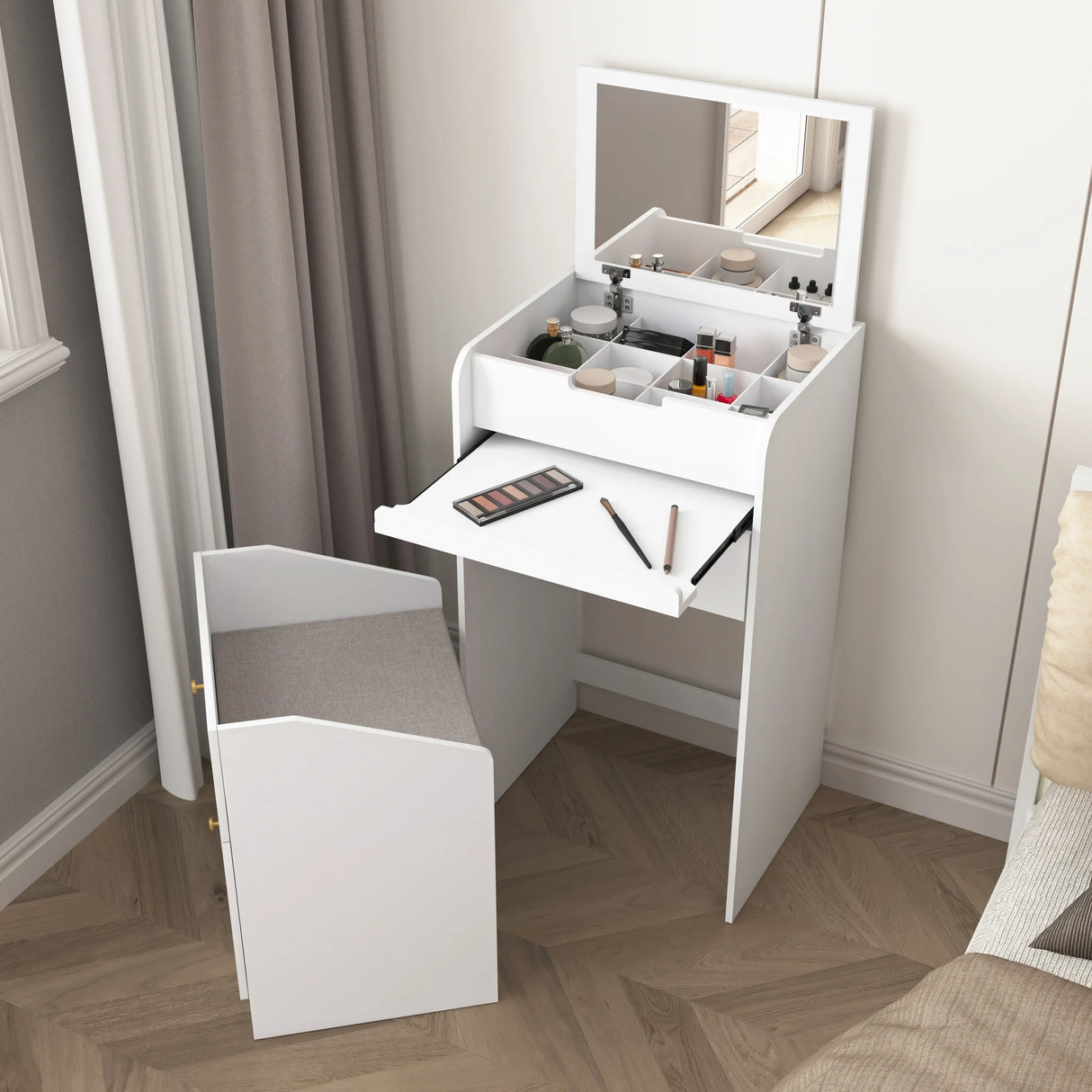 Vanity Desk With Mirror Small Compact Modern Style White - Furniture Home Direct
