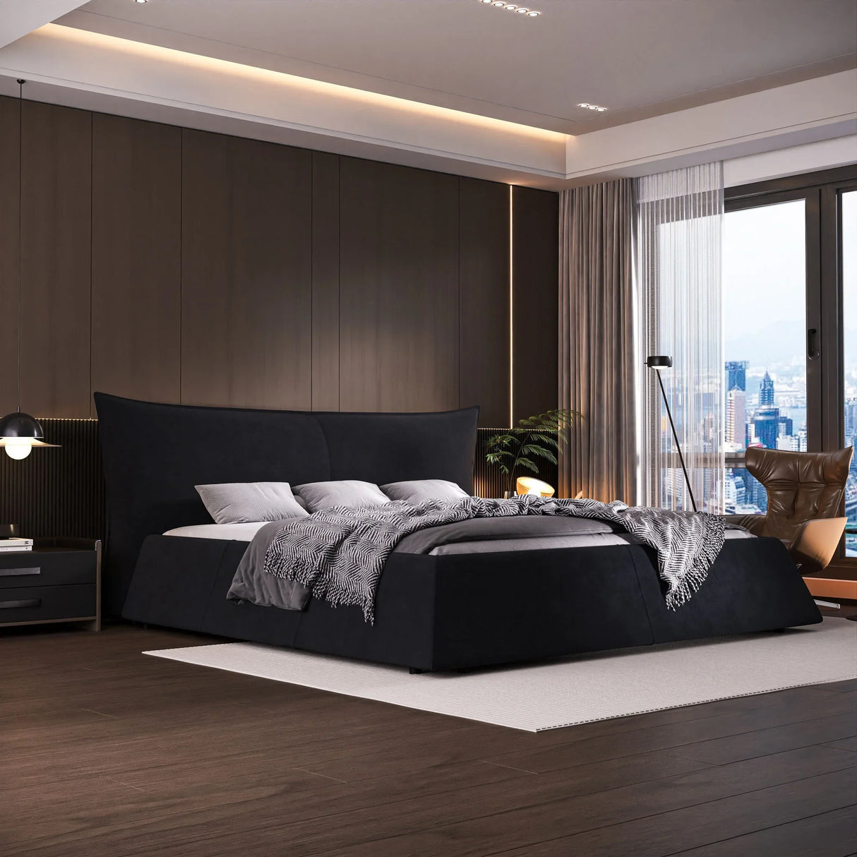 Upholstered Platform Bed With Special Shaped Velvet Headboard - Furniture Home Direct