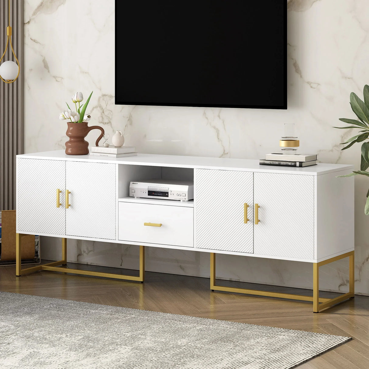 TV Cabinet With 1 Drawer, 2 Cabinets, Handles And Anti-Tip Device - Furniture Home Direct