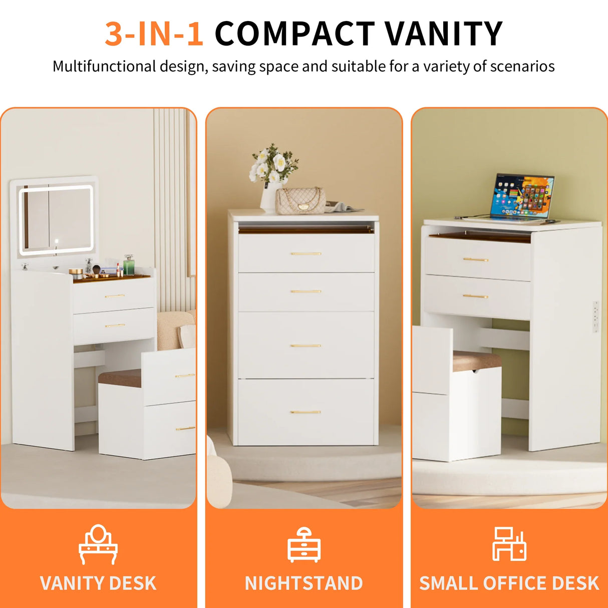 Vanity Table With Flip Top Four Drawers And Stool White - Furniture Home Direct