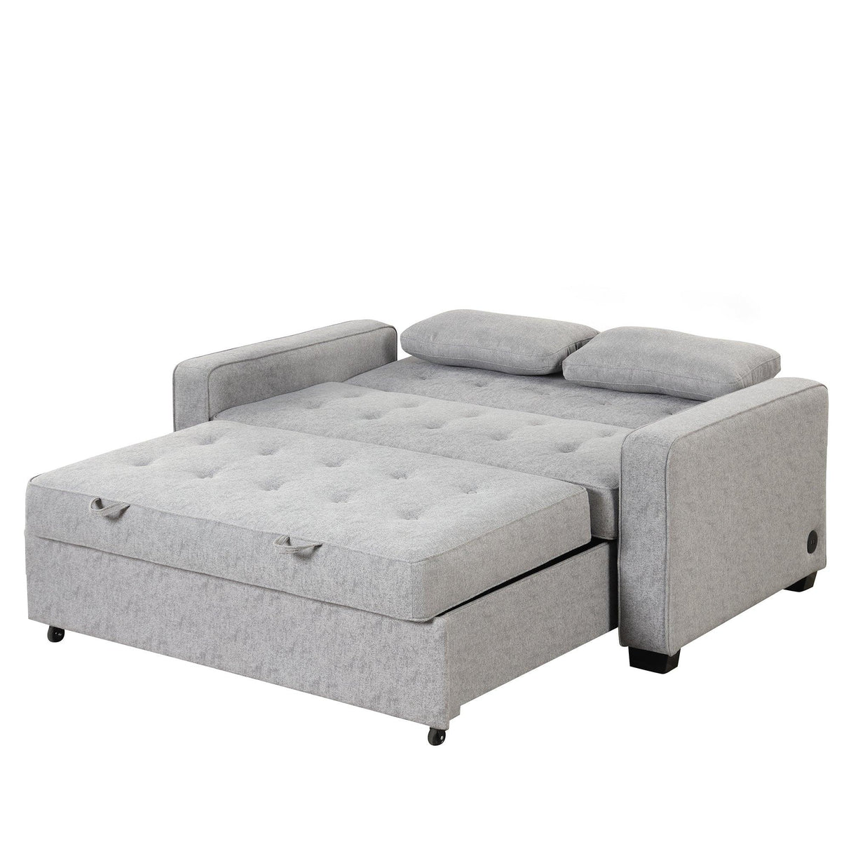 66.5" Upholstered Loveseat With Pull Out Bed, Two Throw Pillows, Dual USB Charging Port and Adjustable Backrest - Light Gray - Furniture Home Direct
