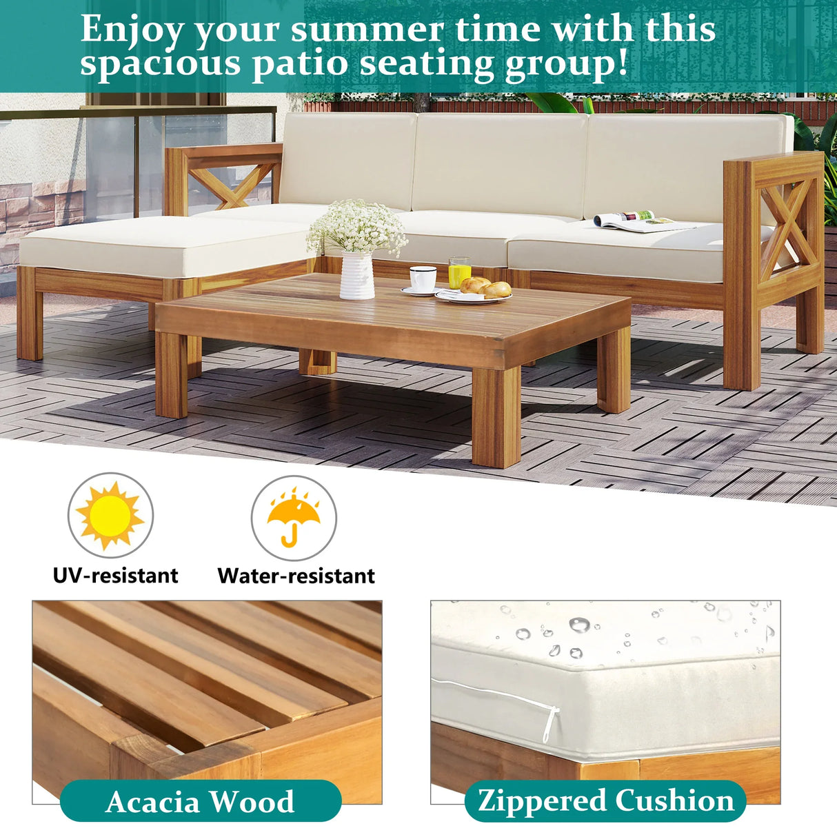 Outdoor 5-Piece Sectional Set with Cushions, Natural Finish+ Beige Cushions - Furniture Home Direct