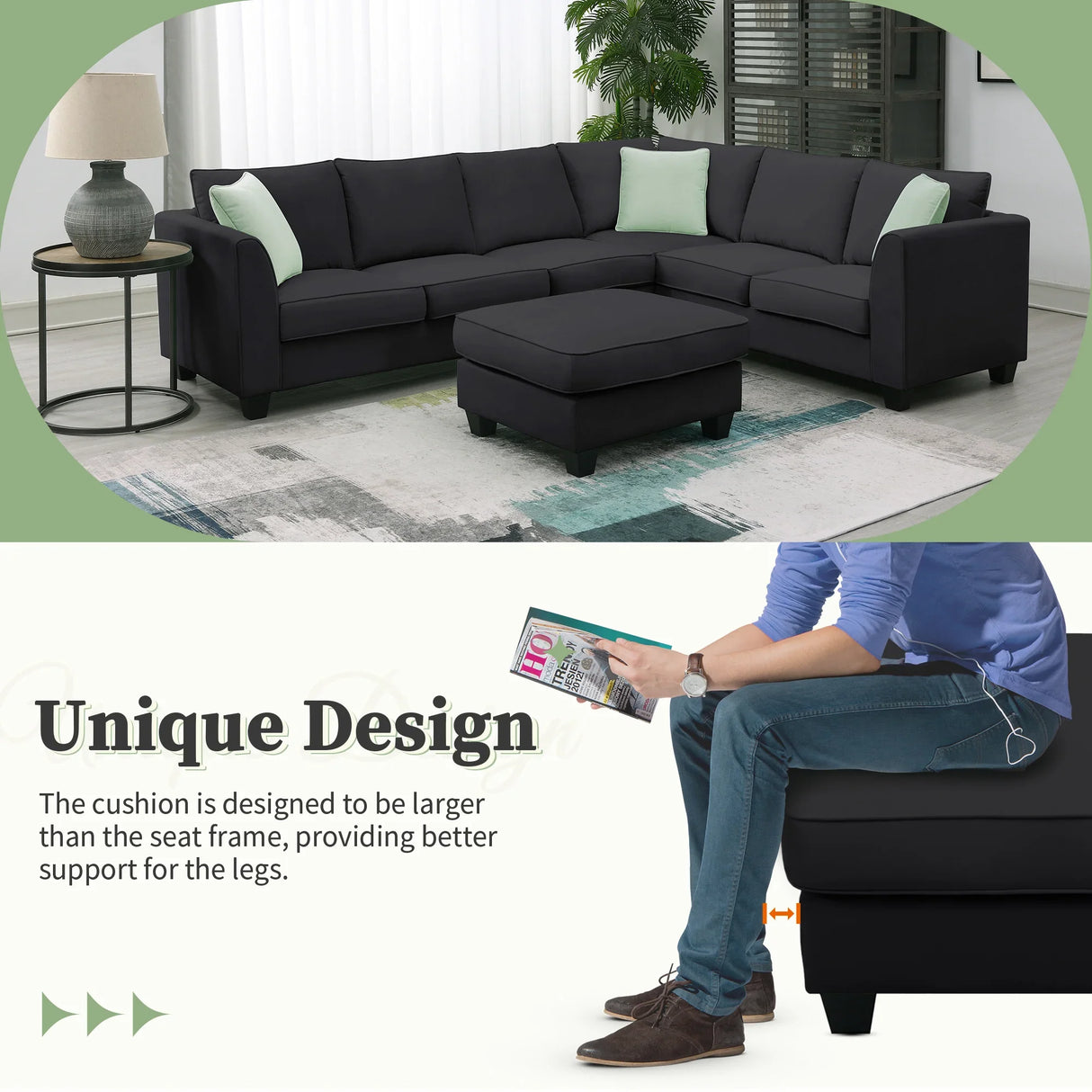 L Shaped Sectional Sofa with Ottoman and Cushions Black - Furniture Home Direct