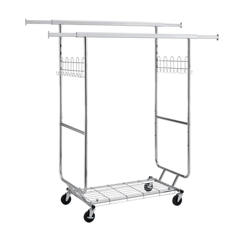 Heavy Duty Double Clothing Garment Rack With Shelves - Silver - Furniture Home Direct