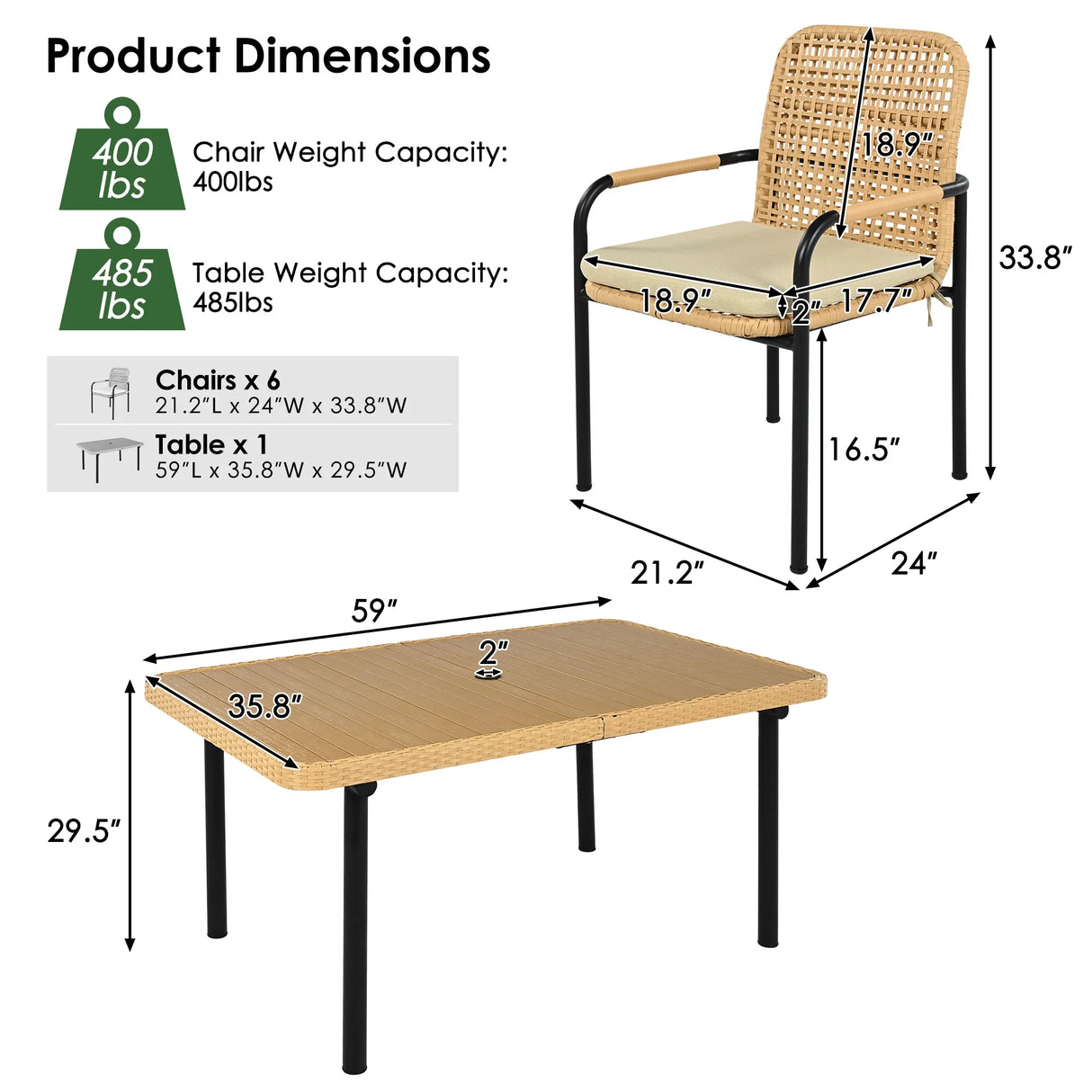 7 Piece Outdoor Dining Set With Wicker Chairs and Oatmeal Cushions - Furniture Home Direct