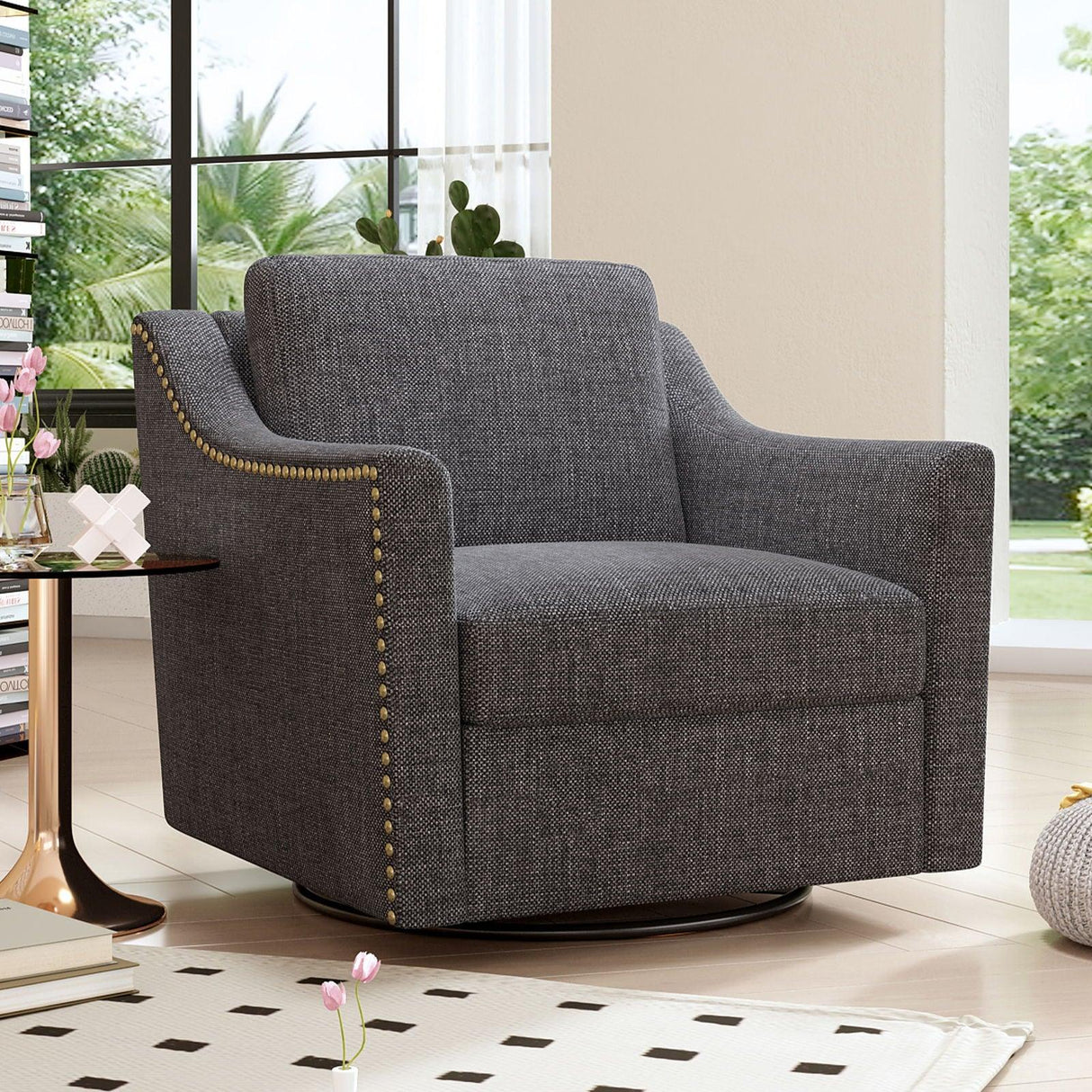 360 Degree Swivel Armchair, Skin Friendly Fabric, Ergonomic Design, Brass Nail Decorative Armchair - Furniture Home Direct