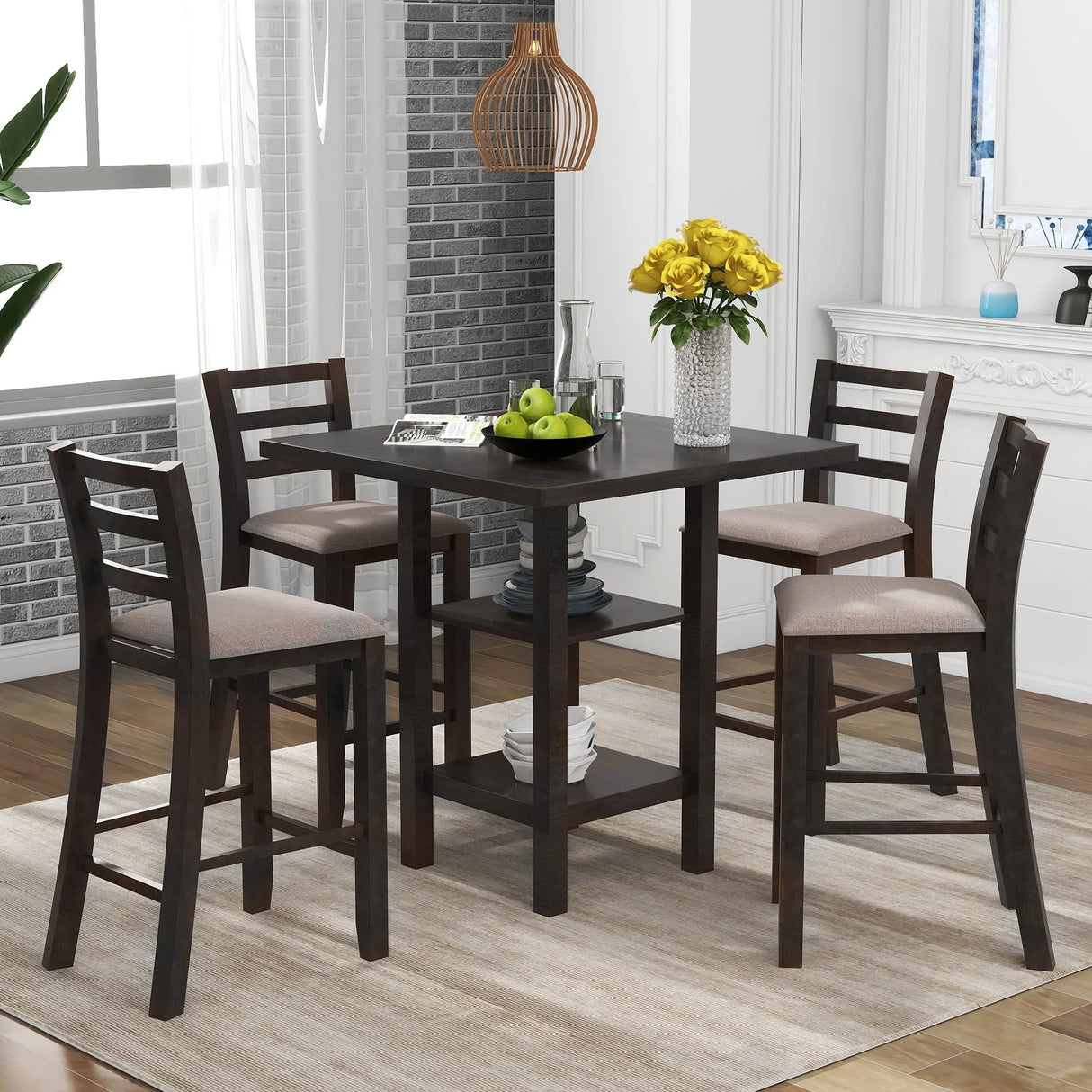 5 Piece Wooden Counter Height Dining Set With Padded Chairs, Storage Shelving - Furniture Home Direct