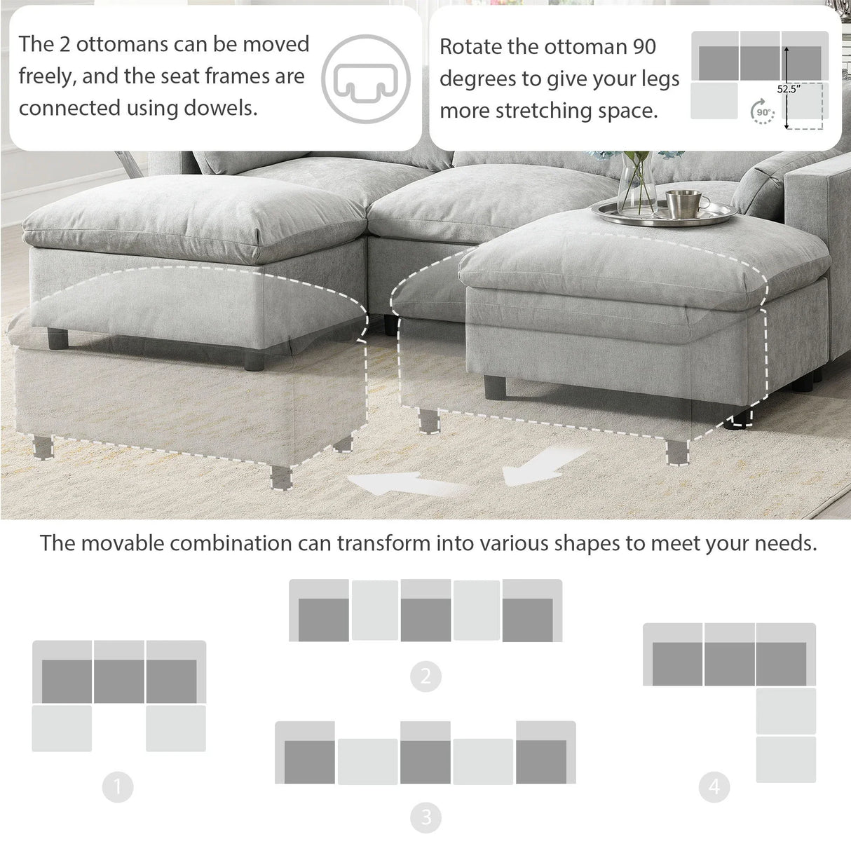 Modular Sectional With Storage Pockets, 5 Seat U Shaped Couch Set With Pillows, Free Combination Modern Cloud Sofa With 2 Movable Ottoman - Furniture Home Direct