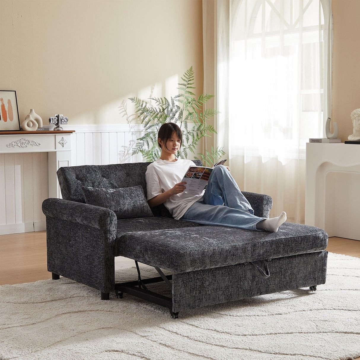 Loveseat Sofa Bed, Pull - Out Couch Sleeper & 2 Pillows - Furniture Home Direct