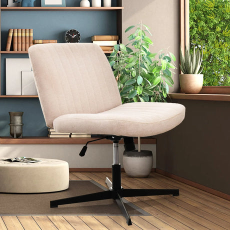 Cross Legged Office Chair, Wide Comfty Desk Chair, Vanity Home Chair No Wheels Armless Computer Task Chair, Swivel And Height Adjustable - Beige - Furniture Home Direct