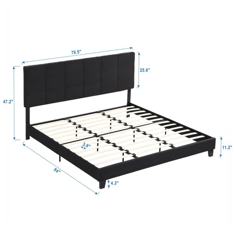 King Size Upholstered Platform Bed Frame With Linen Fabric Headboard, Wood Slat Support - Black - Furniture Home Direct