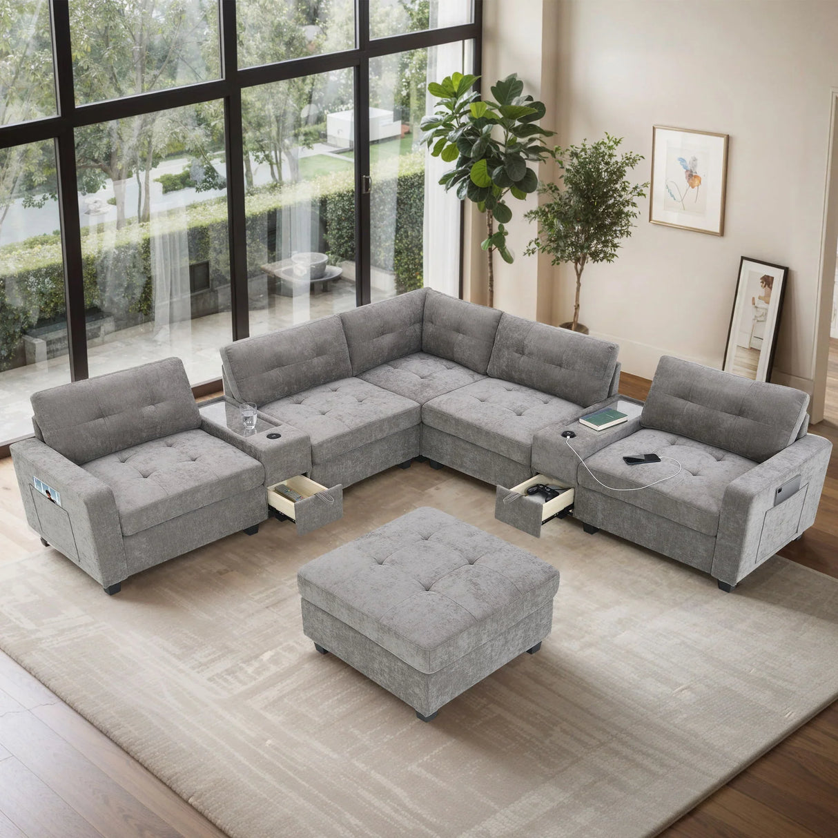 Sectional With Acrylic Table Top U Shaped Couch Set With 2 Consoles USB Charger, Storage Drawers And Pockets Movable Ottoman Tufted Sofa - Furniture Home Direct