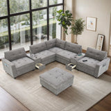 Sectional With Acrylic Table Top U Shaped Couch Set With 2 Consoles USB Charger, Storage Drawers And Pockets Movable Ottoman Tufted Sofa - Furniture Home Direct