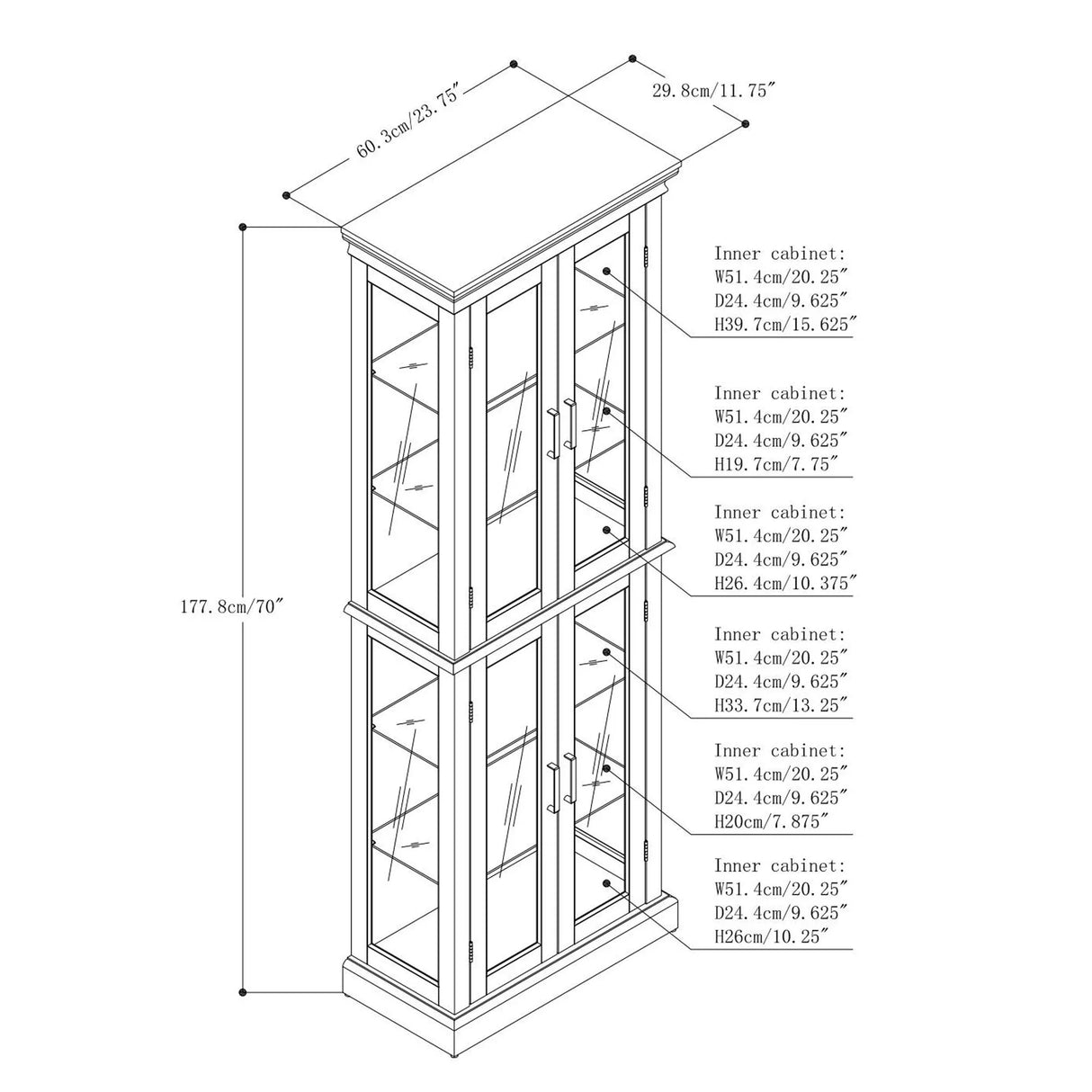 Curio Cabinet Lighted Curio Diapaly Cabinet With Adjustable Shelves And Mirrored Back Panel, Tempered Glass Doors (6 Tier), (E26 Light Bulb Not Included) - Furniture Home Direct