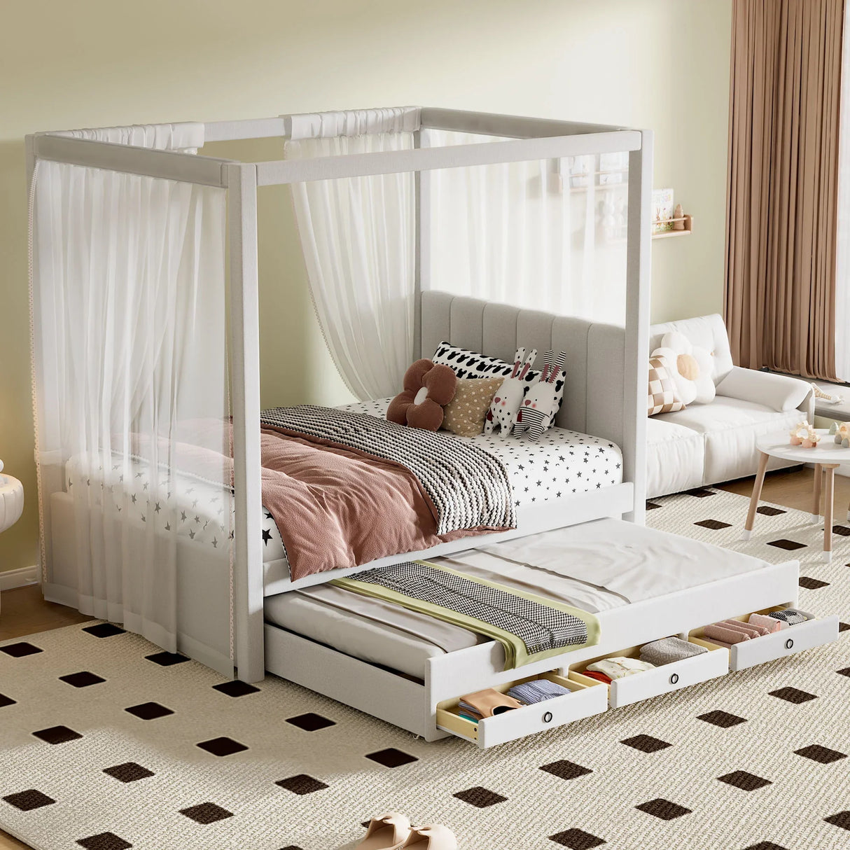 Upholstery Canopy Platform Bed With Trundle And Three Storage Drawers - Furniture Home Direct