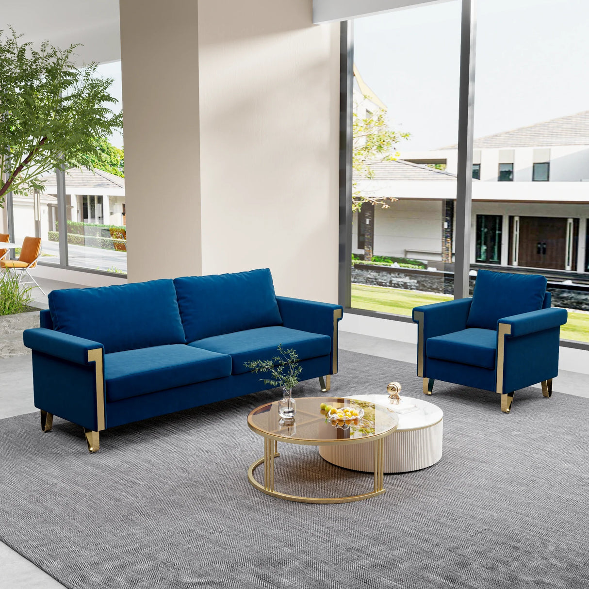 2 Piece Living room Set With Sofa and Chair, Velvet Blue - Furniture Home Direct
