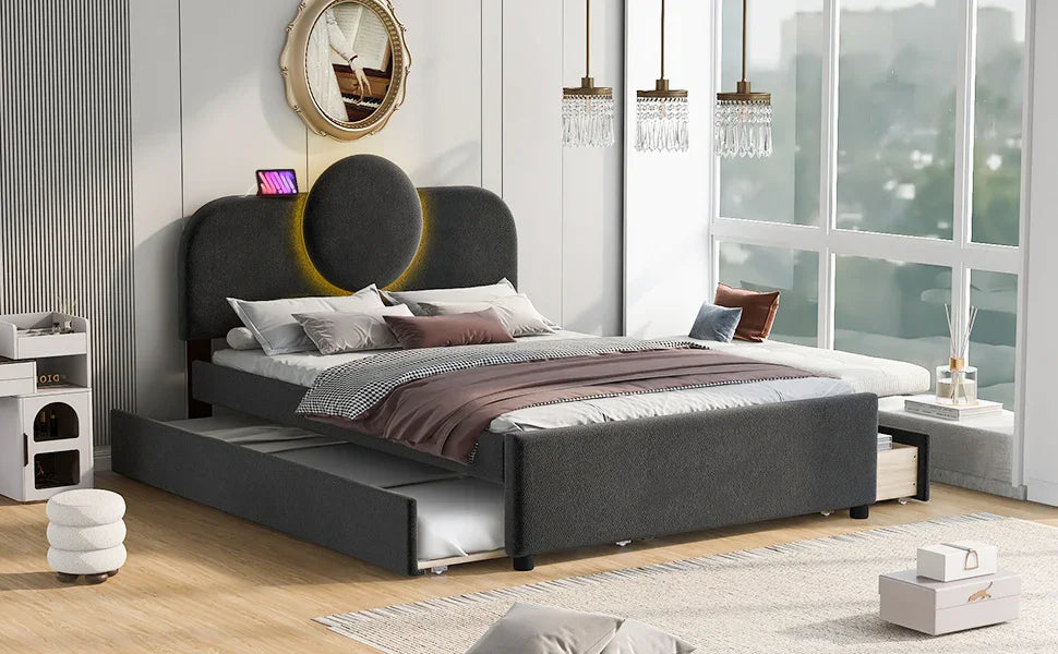 Platform Bed Upholstered With Storage Drawers Trundle Gray - Furniture Home Direct