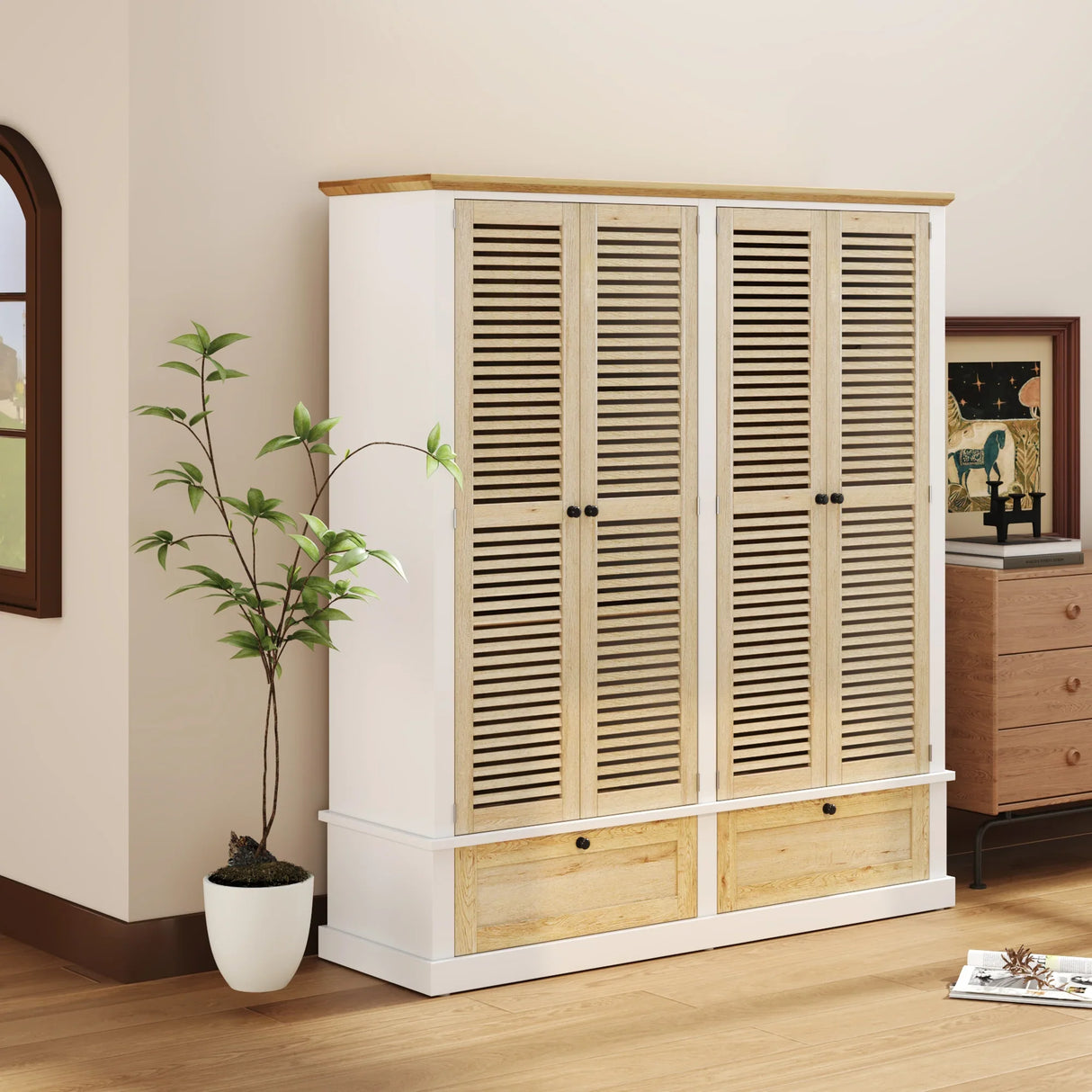 4 Shutter Door Wardrobe Armoire with 2 Drawers, Natural + White - Furniture Home Direct