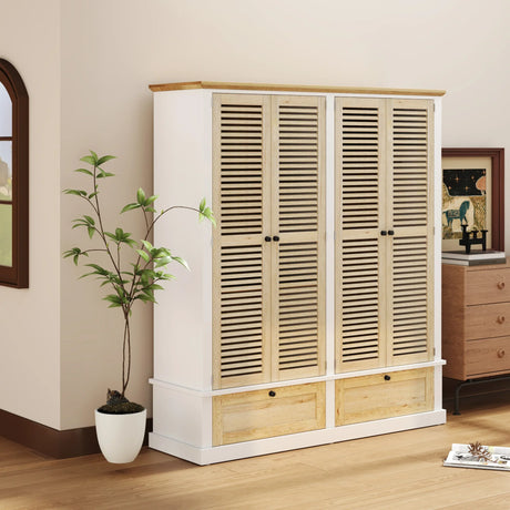 4 Shutter Door Wardrobe Armoire with 2 Drawers, Natural + White - Furniture Home Direct