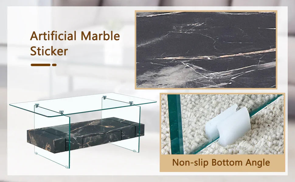 Coffee Table Two-Tier Glass With Solid Marble Base Black - Furniture Home Direct