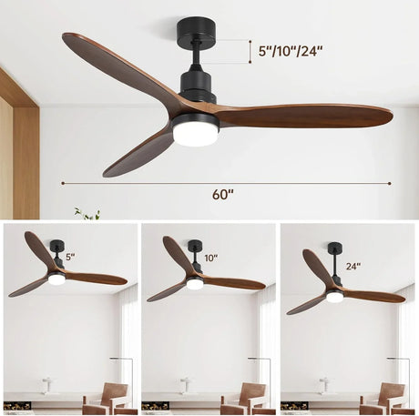 Ceiling Fan With Lights 3 Solid Wood Fan Blade Noiseless Reversible Motor Remote Control - Black - Furniture Home Direct