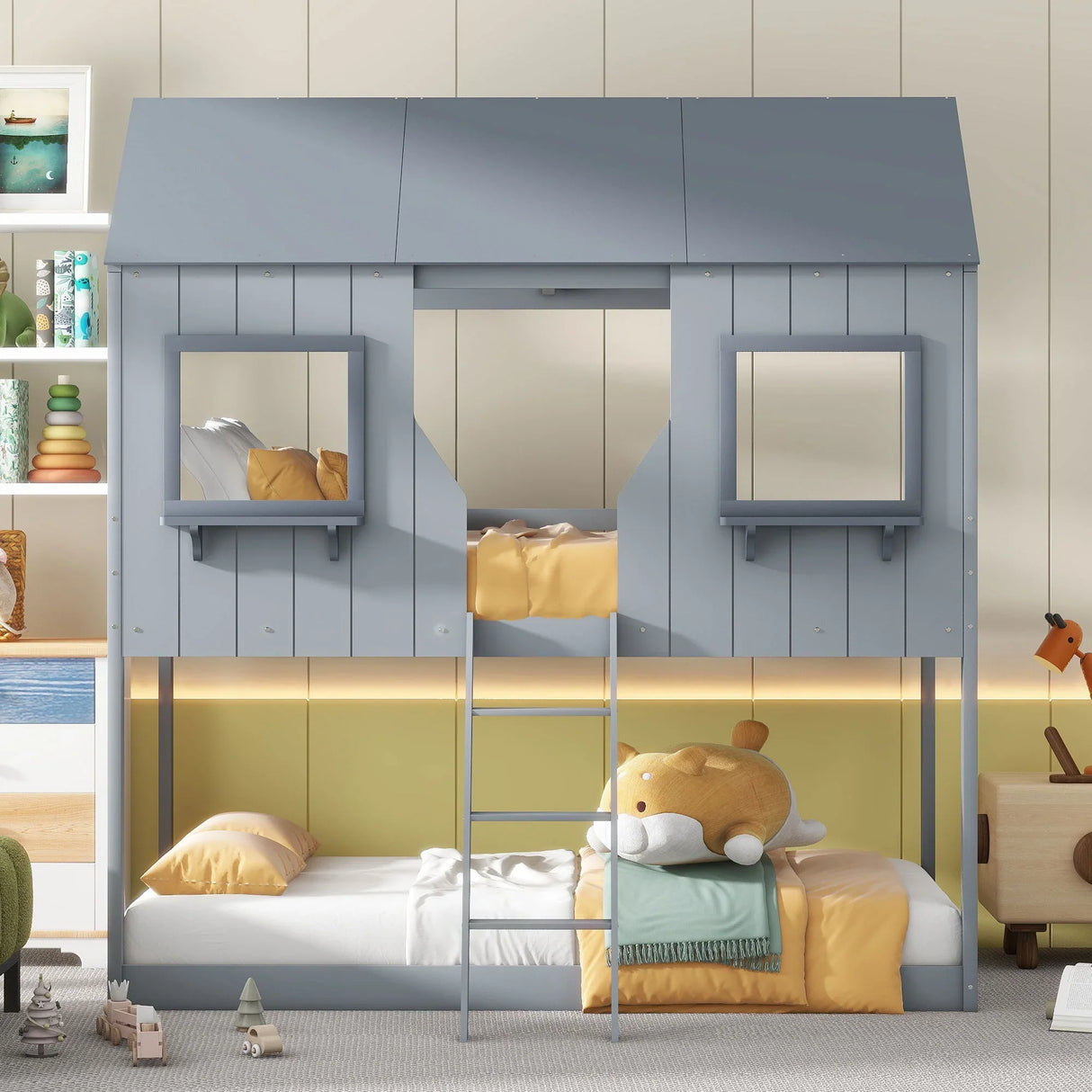 Twin Over Twin Bunk Bed With Roof, Window, Guardrail, Ladder - Furniture Home Direct