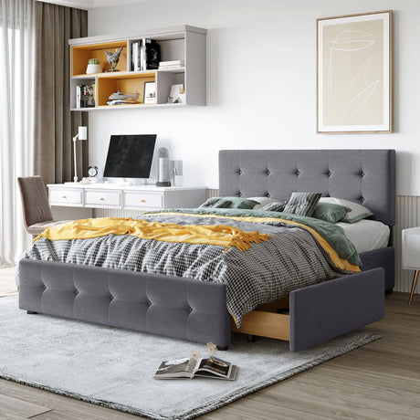Upholstered Platform Bed With Classic Headboard And Drawers, No Box Spring Needed - Furniture Home Direct