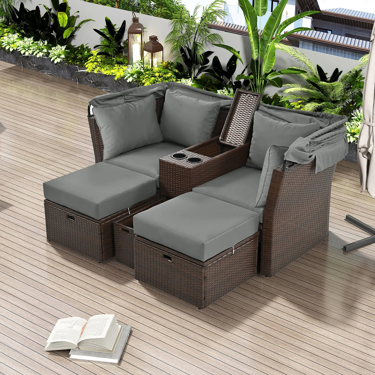 2 Seater Outdoor Patio Daybed Outdoor Double Daybed Outdoor Loveseat Sofa Set With Foldable Awning And Cushions For Garden, Balcony, Poolside - Furniture Home Direct