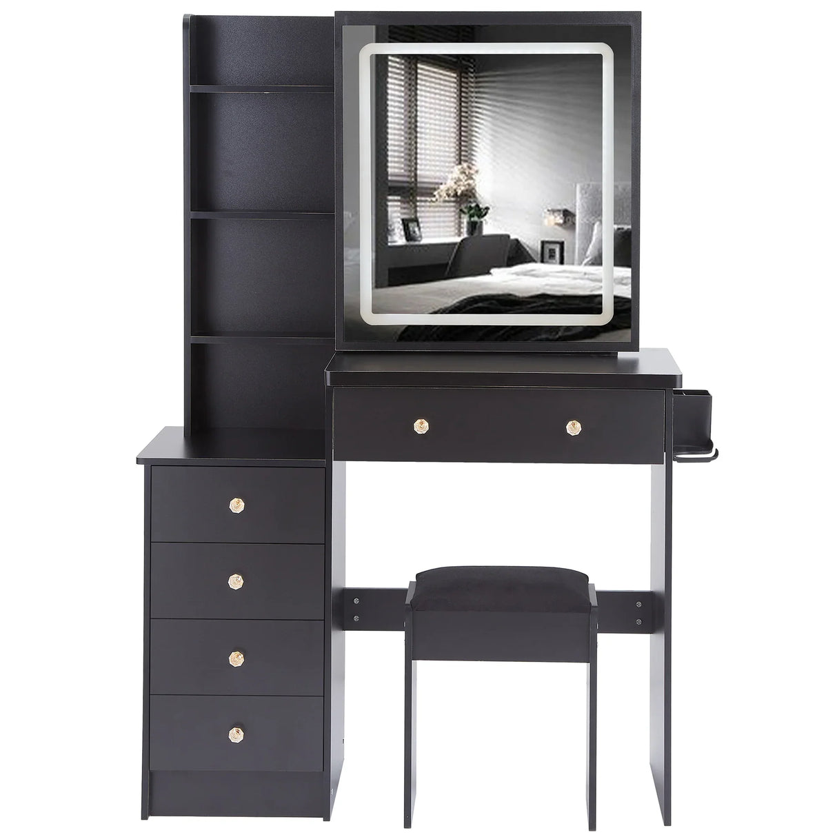Vanity Table with Cushioned Stool Modern Finish Black - Furniture Home Direct
