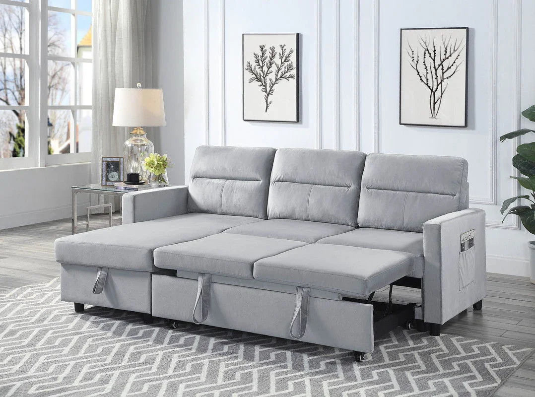 Ruby - Velvet Reversible Sleeper Sectional Sofa With Storage Chaise And Side Pocket - Light Gray - Furniture Home Direct