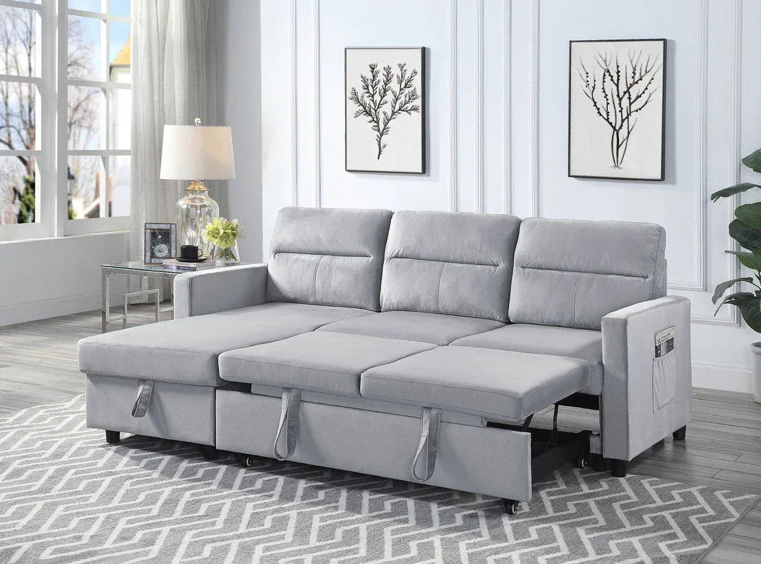 Ivy - Velvet Reversible Sleeper Sectional Sofa With Storage Chaise And Side Pocket - Furniture Home Direct