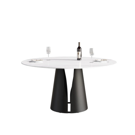 59.05" Modern Artificial Stone Round Carbon Steel Base Dining Table - White / Black - Furniture Home Direct